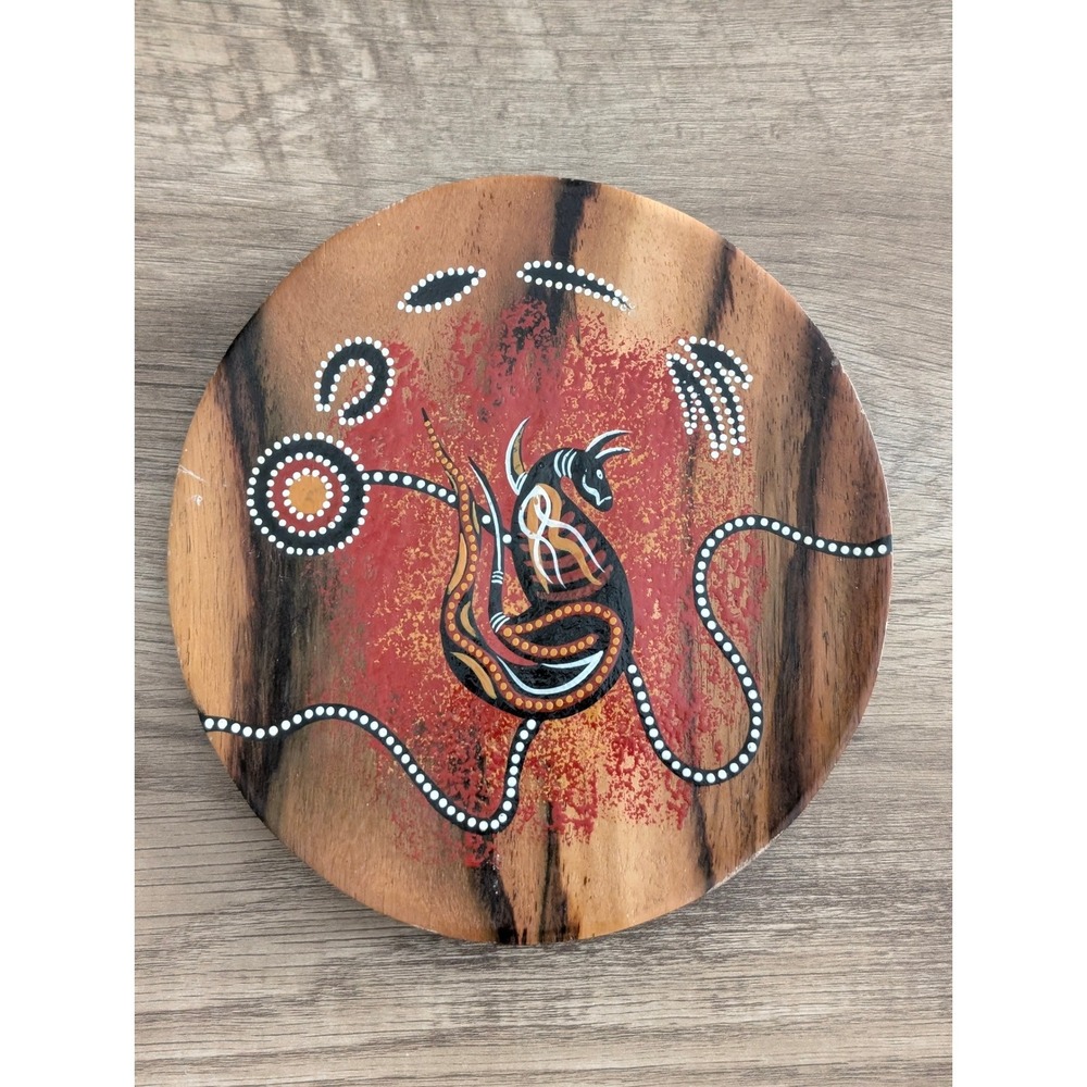 Uluru Art Australia Aboriginal Hand Crafted Wood Plate Kangaroo Dot Art
